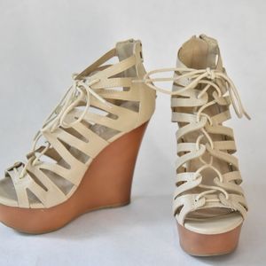 Allegra K Nude/Beige Strappy Wedge Heels